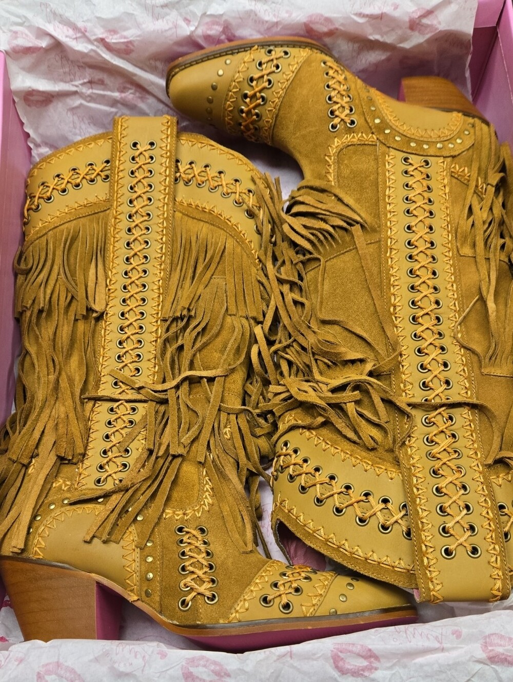 Mustard Fringe Western Suede Ankle Boots